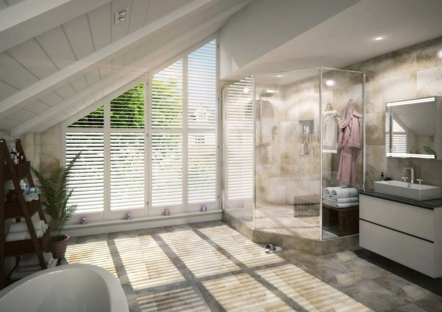Angled white Java shutters fitted to a vaulted bathroom window next to a walk-in shower.