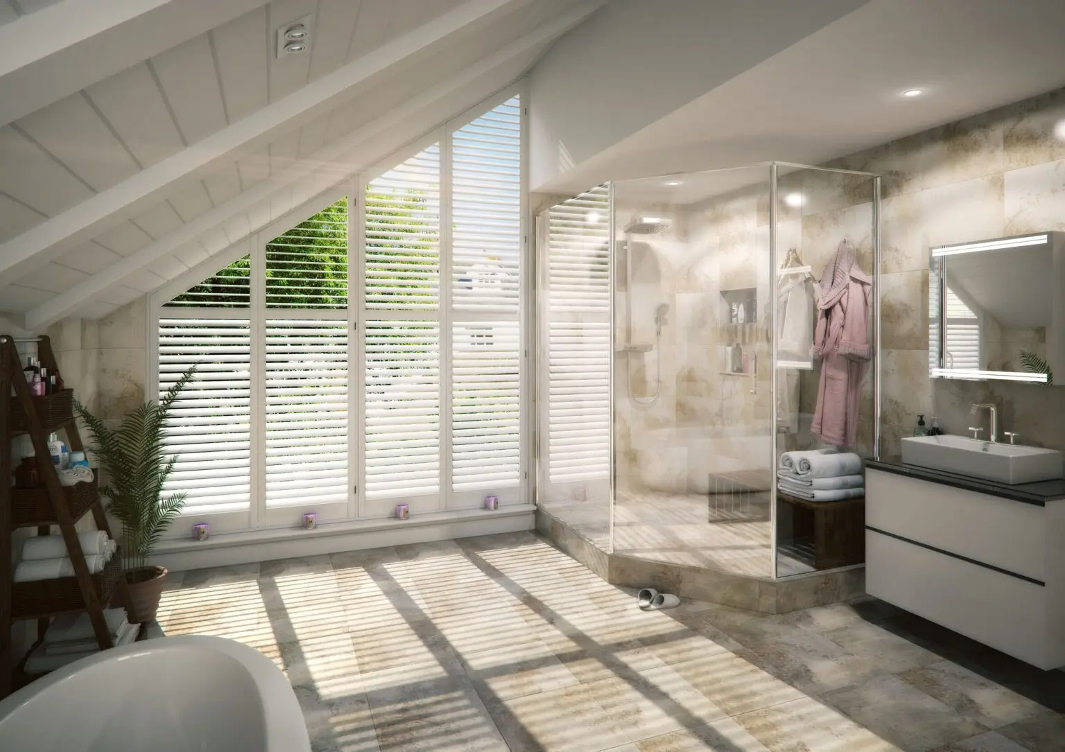 Angled white Java shutters in a vaulted bathroom next to a walk-in shower — fully waterproof ABS.
