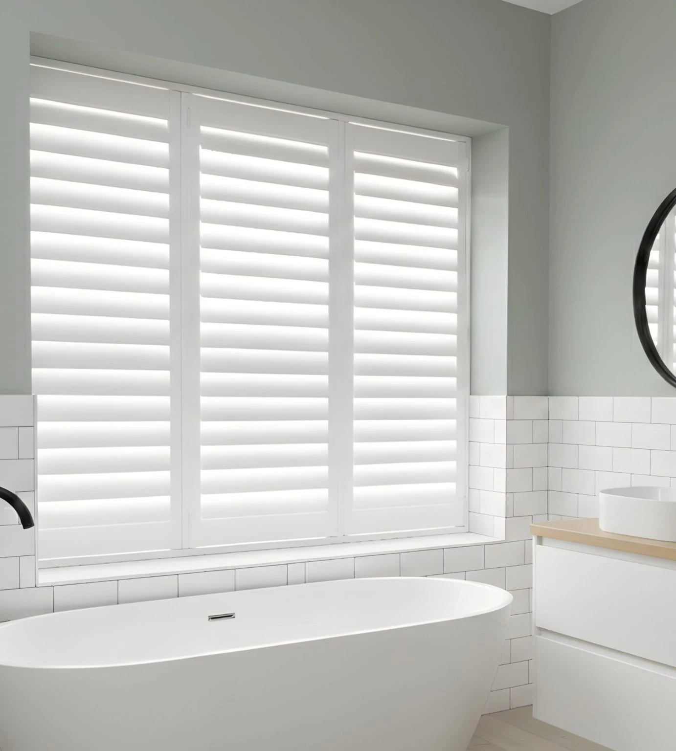 Full-height white Tonga shutters over a freestanding bath — specified for humid bathrooms.