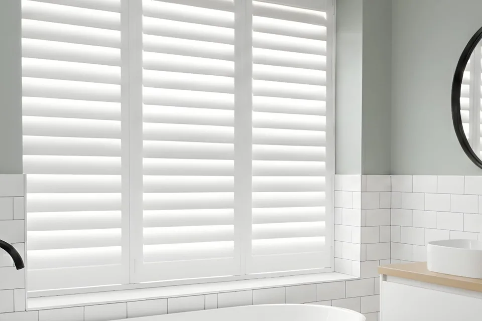 Full-height white Tonga shutters over a freestanding bath — moisture-resistant PVC range.