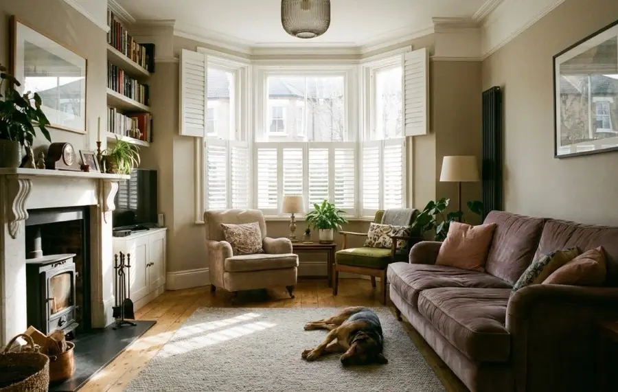 Lounge bay plantation shutters in a Huntington York home