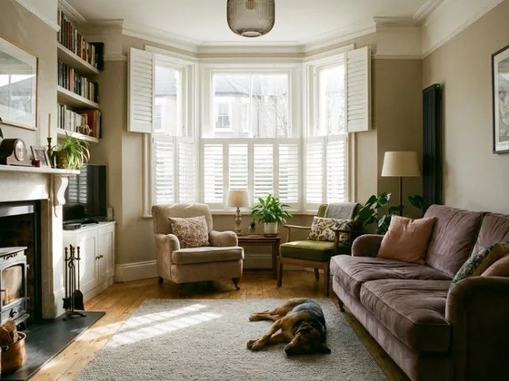 Custom bay window shutters in a Yorkshire living room.