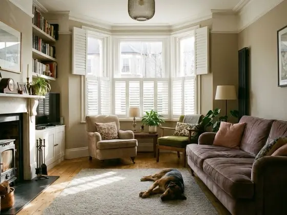 Custom bay window shutters in a Yorkshire living room.