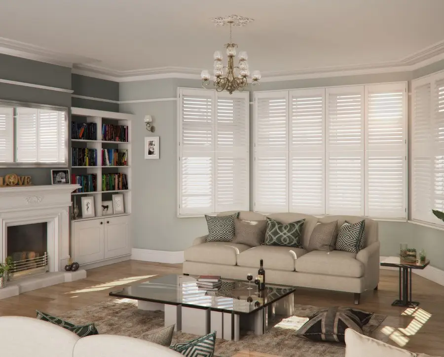 Lounge bay plantation shutters in a Colton Leeds home