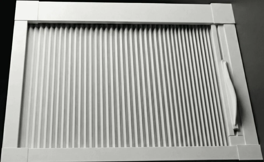Blind Screen® blackout or thermal pleated fabric in a slim white frame.