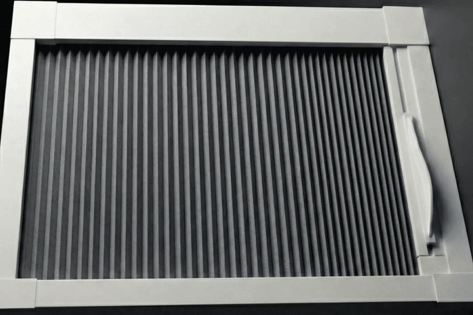 Blind Screen® slim white frame with pleated fabric and side pull handle.
