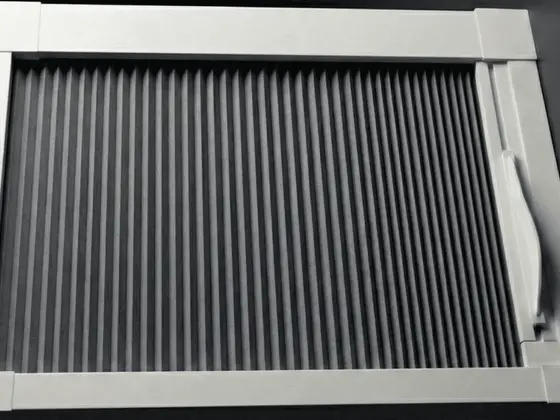Blind Screen® slim white frame with pleated fabric and side pull handle.