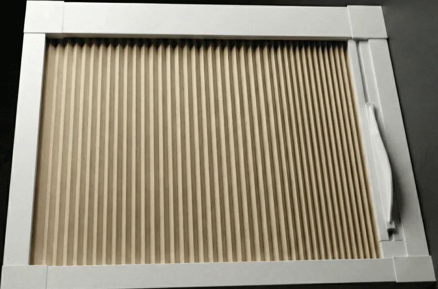 Blind Screen® insect mesh fabric in a slim white frame with side handle.