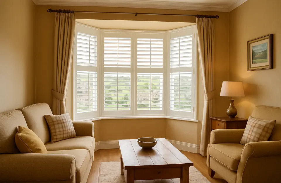 Plantation shutters and blinds on a bay window in a stylish Yorkshire home