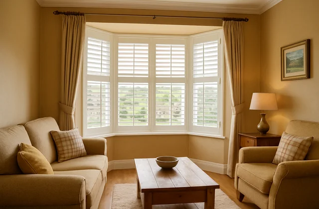 Plantation shutters and blinds on a bay window in a stylish Yorkshire home