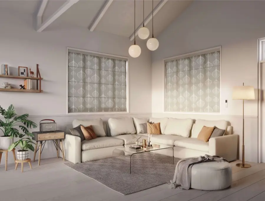 Fabric blinds on a Huntington landing or bedroom window
