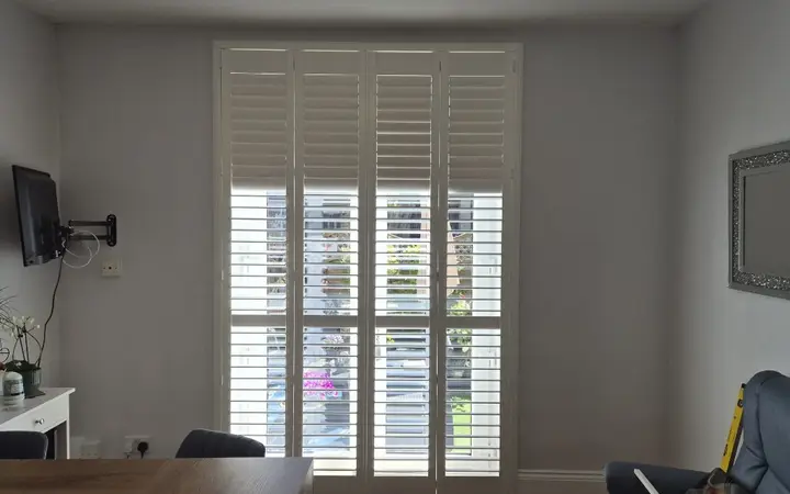 Plantation shutters on inward-opening French doors, Yorkshire