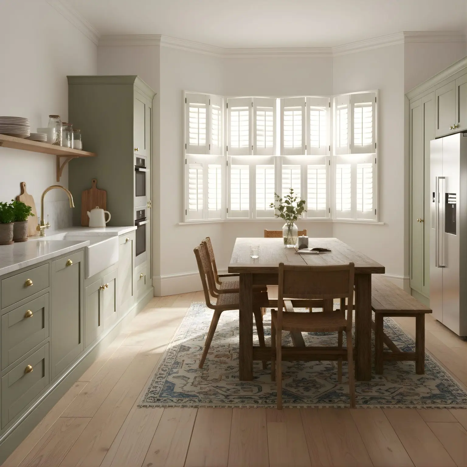 Tier-on-tier white Tonga shutters on a kitchen bay — moisture-resistant PVC for humid rooms.