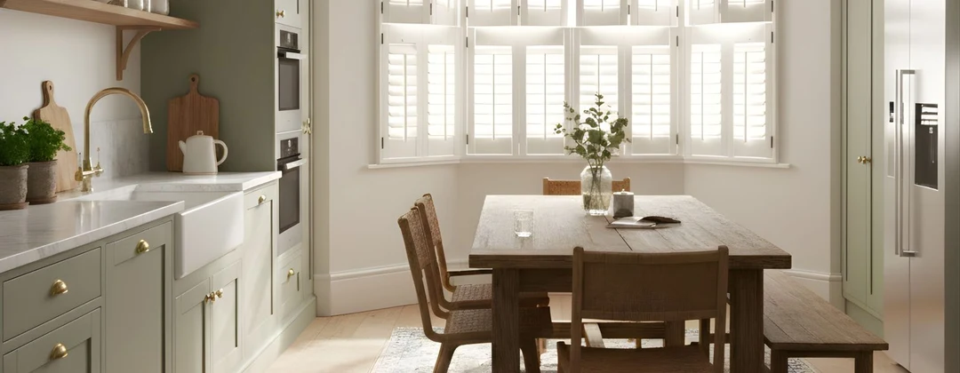 Tier-on-tier white Tonga shutters on a kitchen bay window beside sage cabinetry.