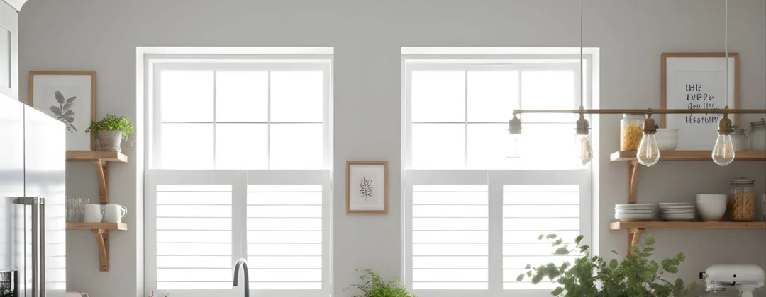 Café-style white Tonga shutters on kitchen windows above a farmhouse sink.