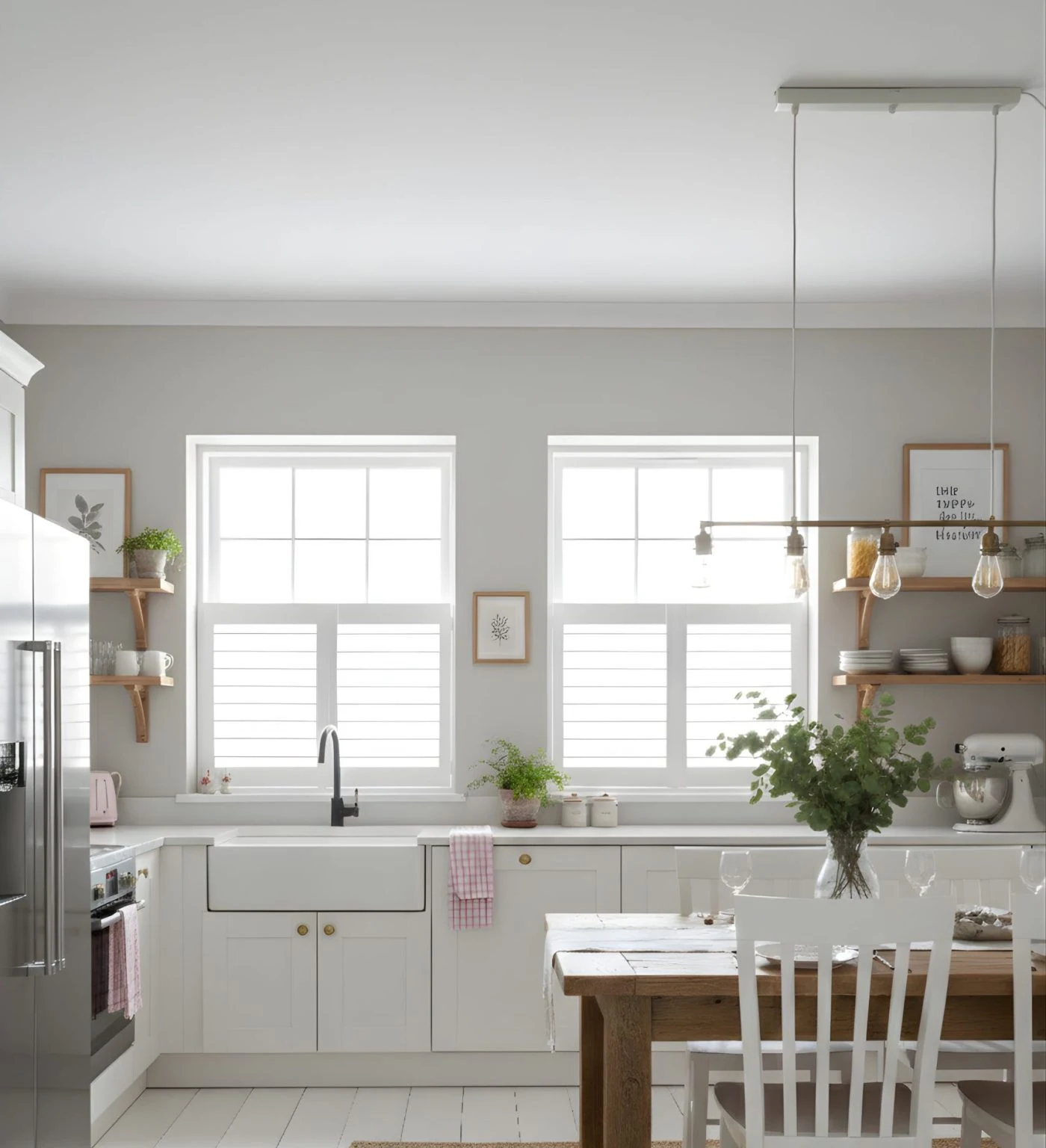 Café-style white Tonga shutters above a kitchen sink — wipe-clean PVC for humid rooms.
