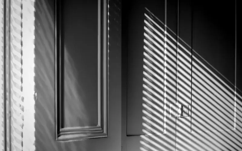 Black and white interior with dramatic light and shadow from window shutters.