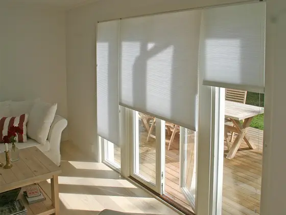 Honeycomb blinds on sliding patio doors.