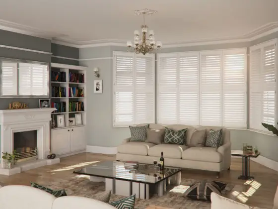 Plantation shutters in a bright living room.