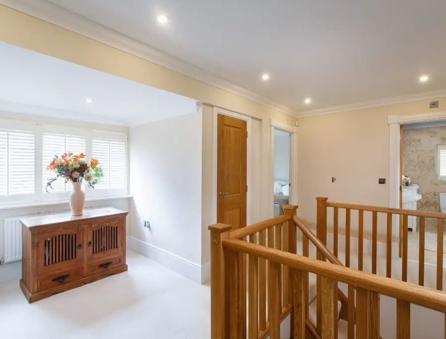 Plantation shutters in a Harrogate hallway with classic period detailing