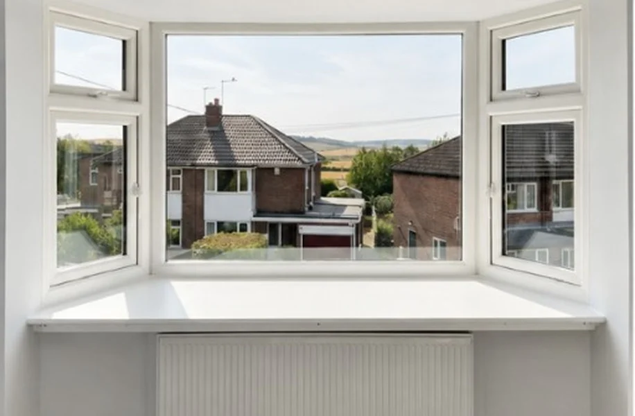 Pontefract display bay before shutters, three-section white uPVC bay with a deep sill and radiator below, looking out to brick houses and hills.
