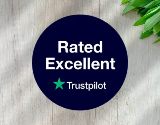 Rated Excellent on Trustpilot badge on a light wooden background with green leaves.