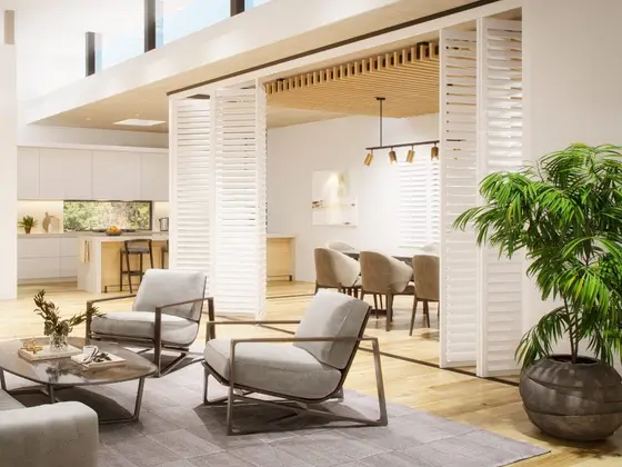 Room divider shutters in an open-plan living space.