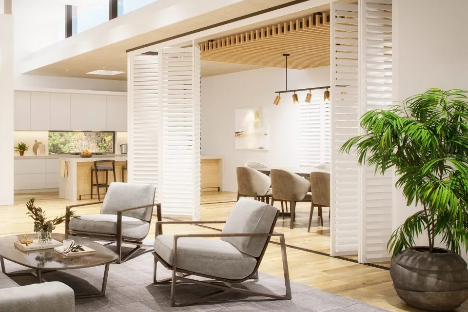 Room divider shutters separating an open-plan living area.