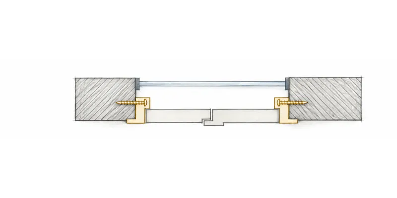 Plan-view diagram of a Z frame shutter in a reveal, with a lip finishing the wall edge.
