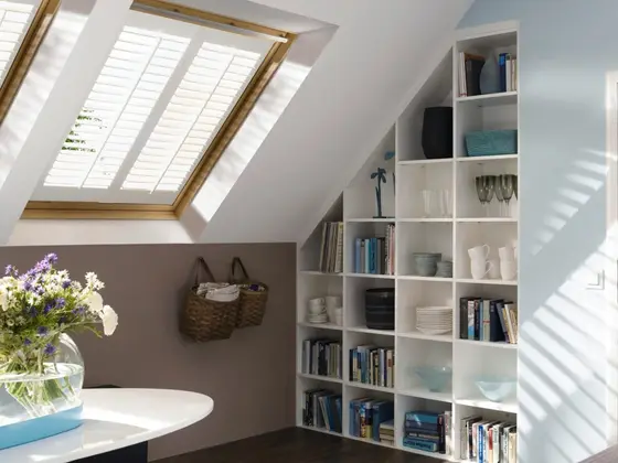 Skylight shutters fitted to a Velux roof window.