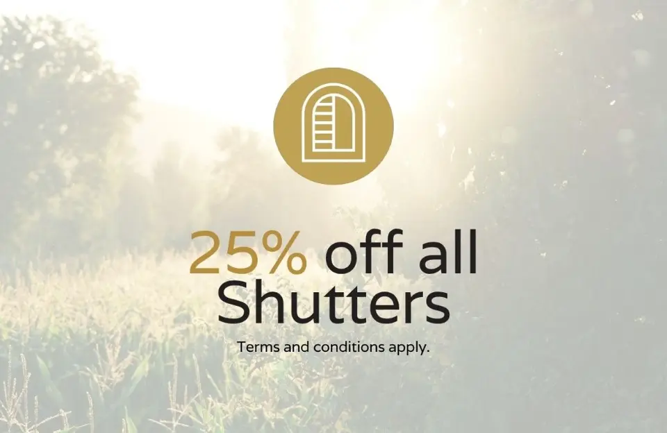 ShutterLuxe summer offer graphic showing 25 percent off shutters.