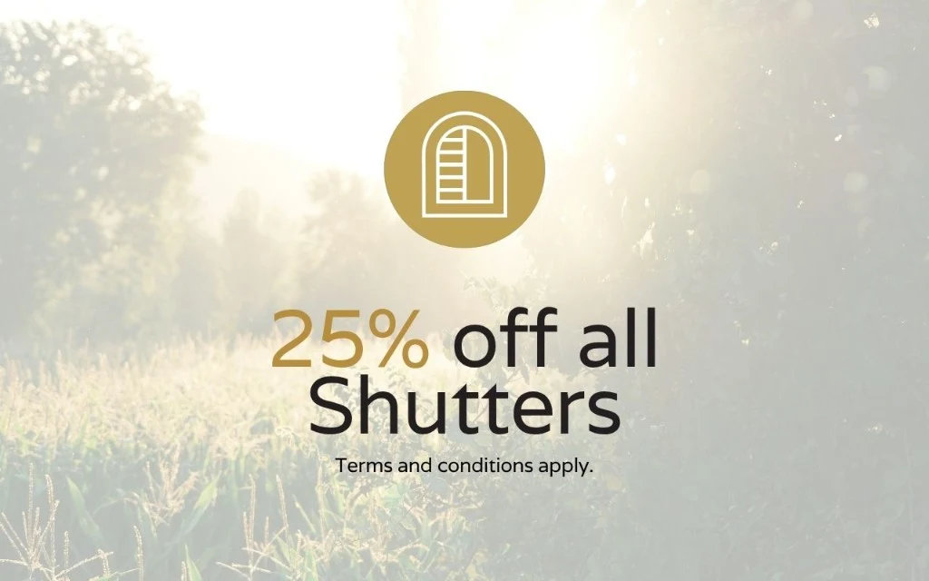 ShutterLuxe summer offer graphic showing 25 percent off shutters.