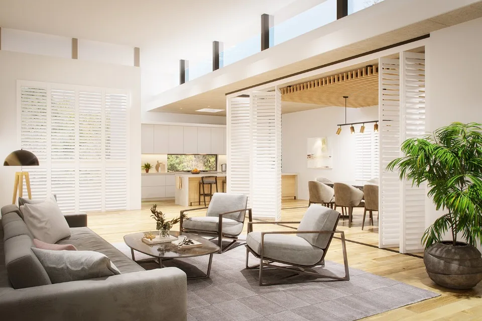 Track shutters used as sliding room dividers.