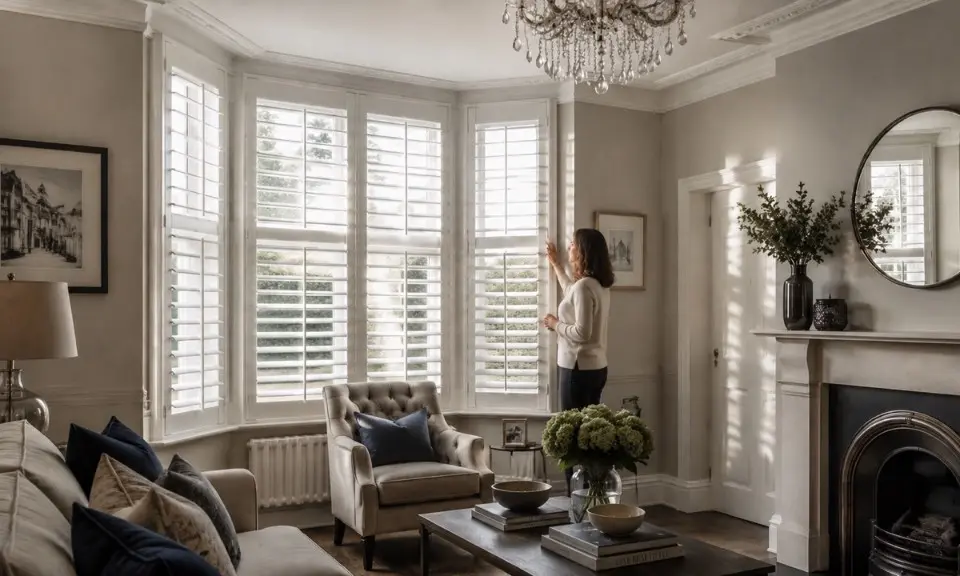 Woman adjusting white plantation shutters on a bay window in a Harrogate living room