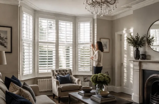 Woman adjusting white plantation shutters on a bay window in a Harrogate living room