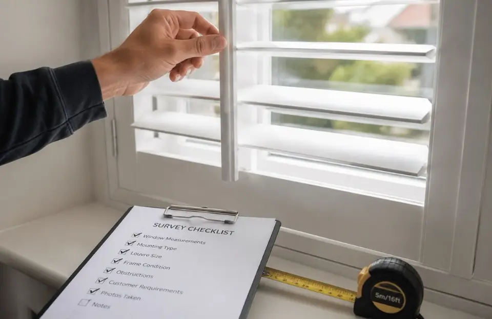 Survey checklist and tape measure on a windowsill during an in-home shutter survey