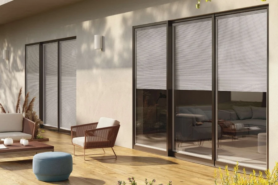 Integral venetian blinds in large sliding patio doors with outdoor seating.