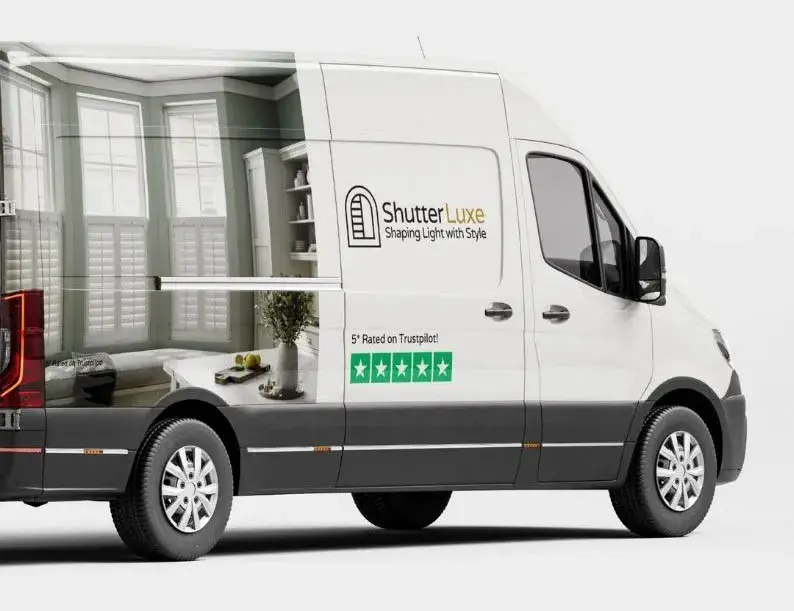 ShutterLuxe branded van showing plantation shutter room imagery and a five-star Trustpilot rating.