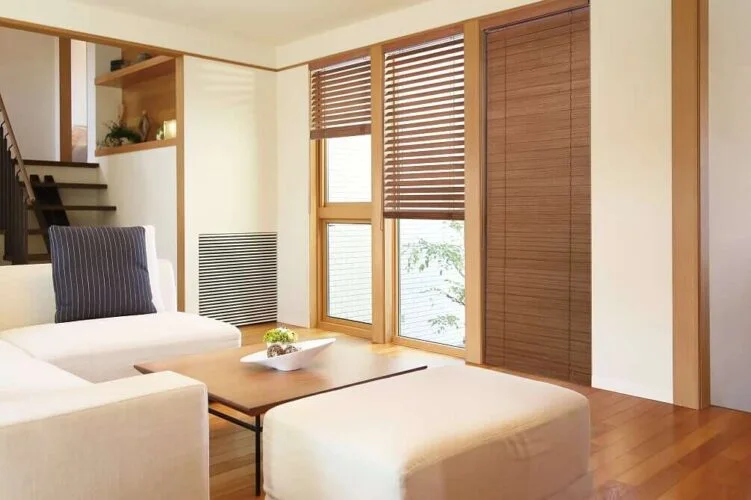 Wooden blinds fitted in a Wetherby living room.